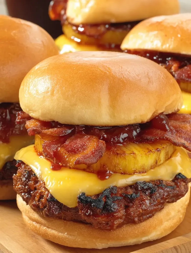 Ein Burger mit Speck und Ananas aus der Nähe.
