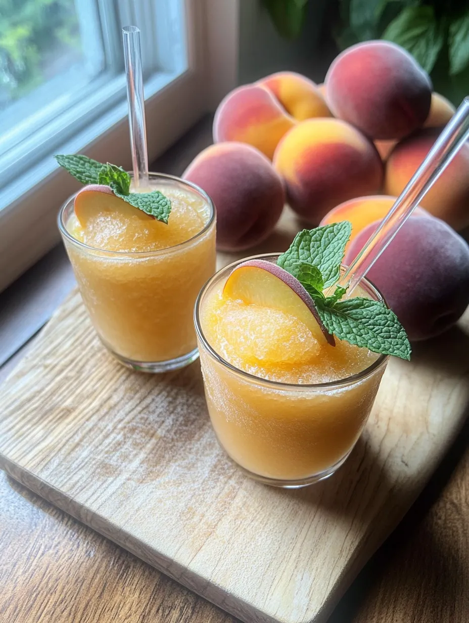 Zwei Gläser Pfirsichsaft mit Minzblättern auf Holztisch.