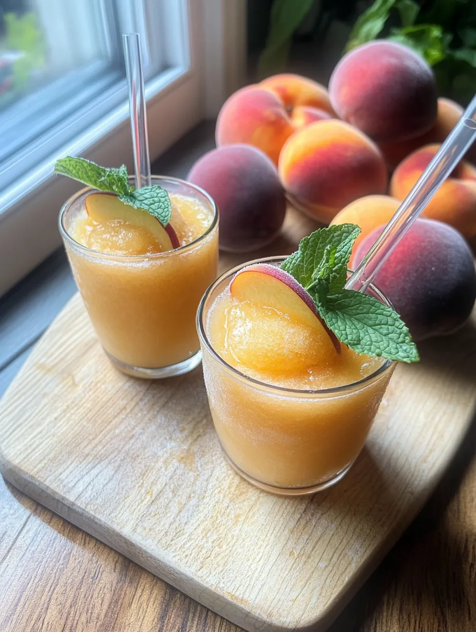 Zwei Gläser Pfirsichsaft, verziert mit Minze.