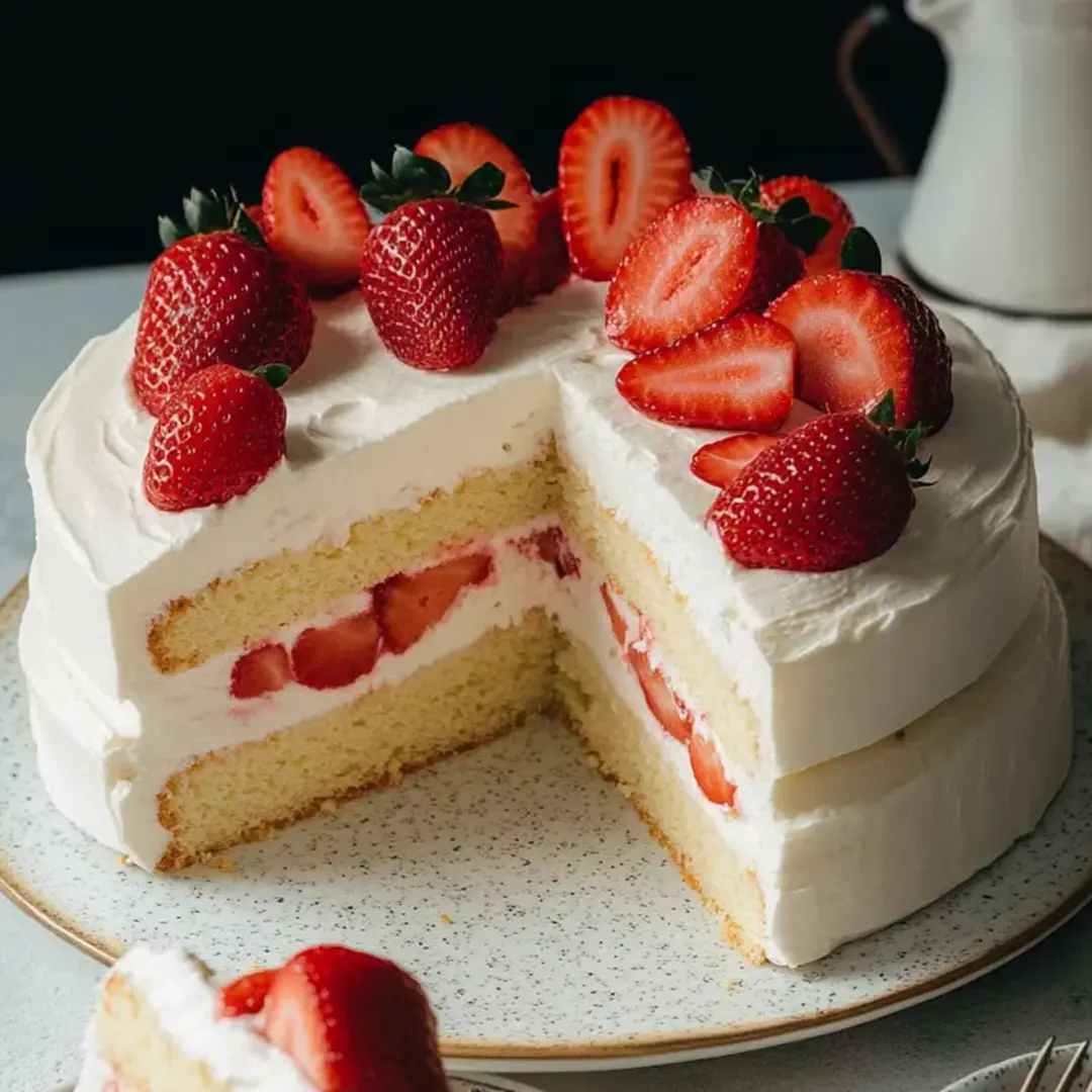 Ein Stück Torte mit Erdbeeren obendrauf.