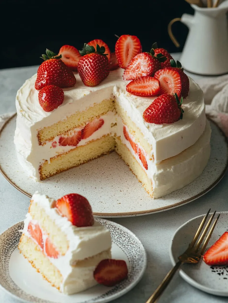 Ein Stück Kuchen mit Erdbeeren obenauf.