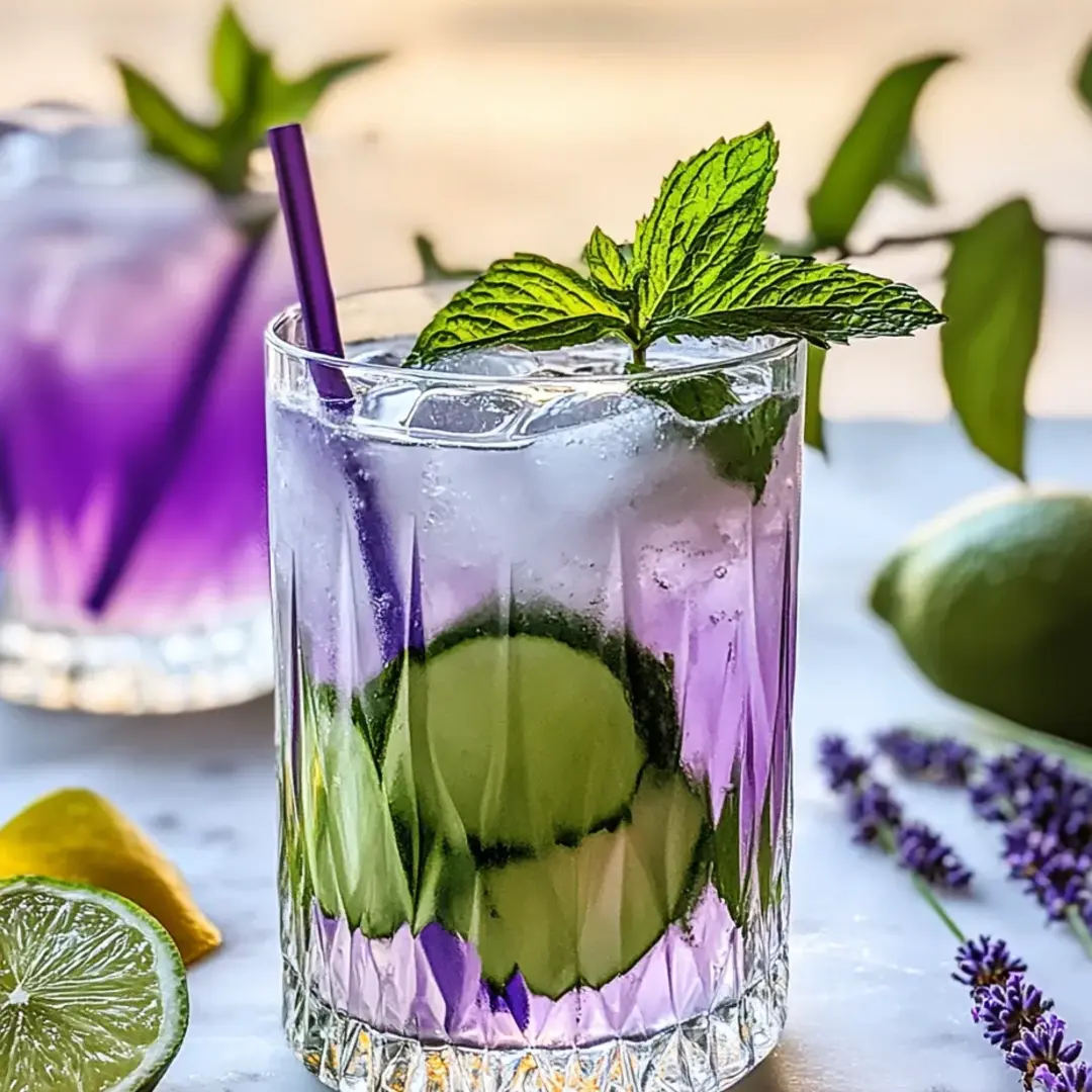 Ein Glas mit lila Getränk und Gurkengarnitur.