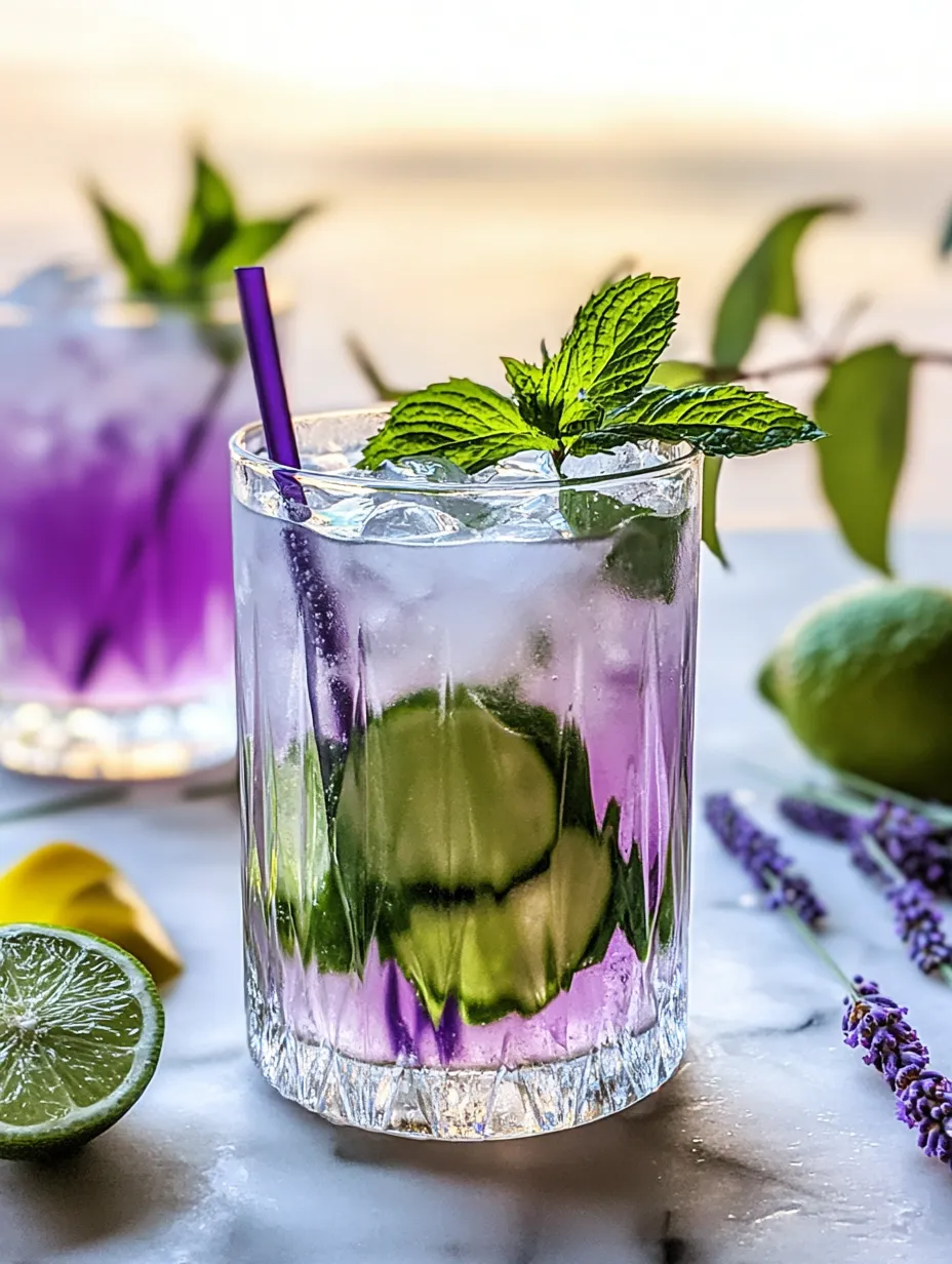 Ein Glas mit lila Getränk und Minze obenauf.