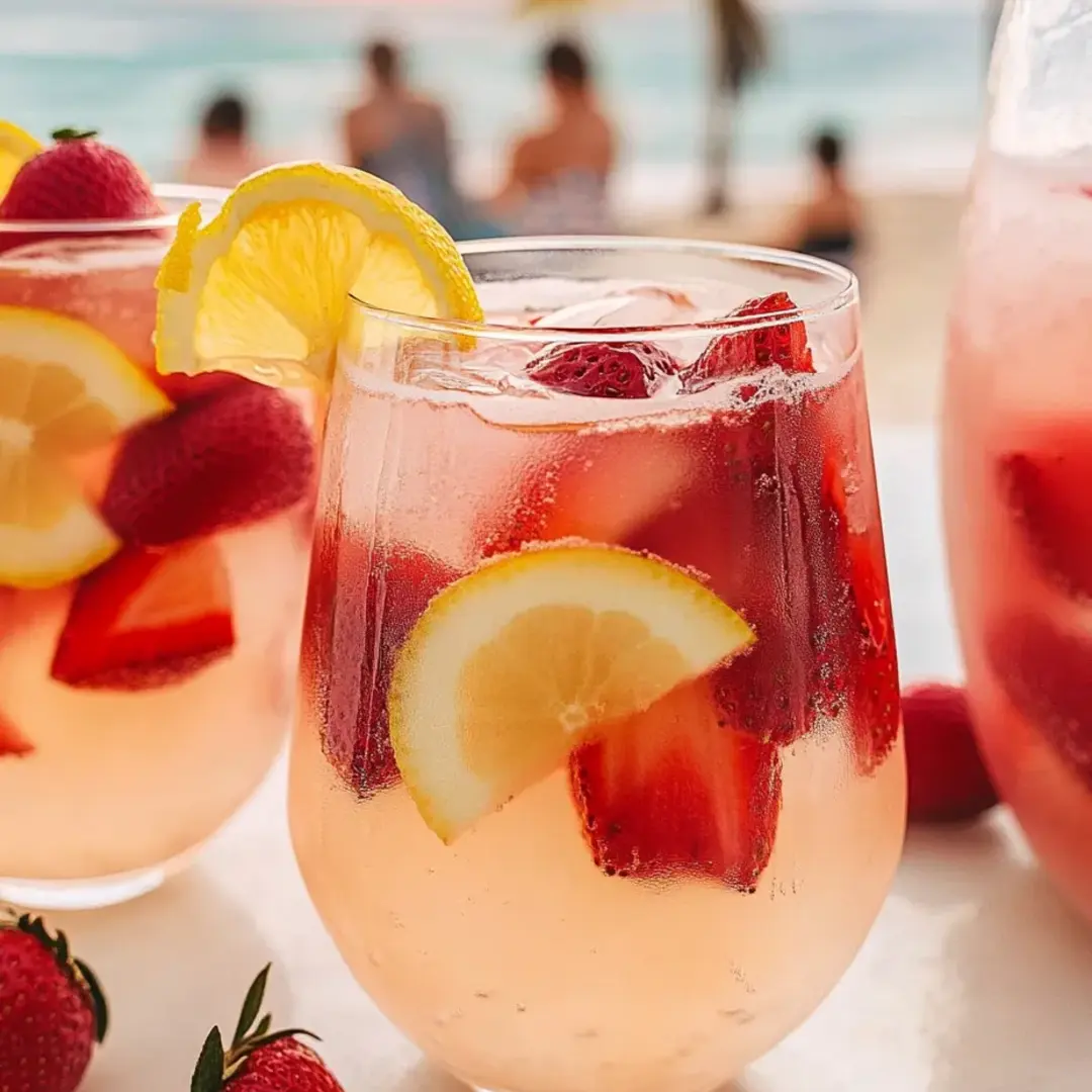 Zwei Gläser rosa Limonade mit Erdbeeren drin.