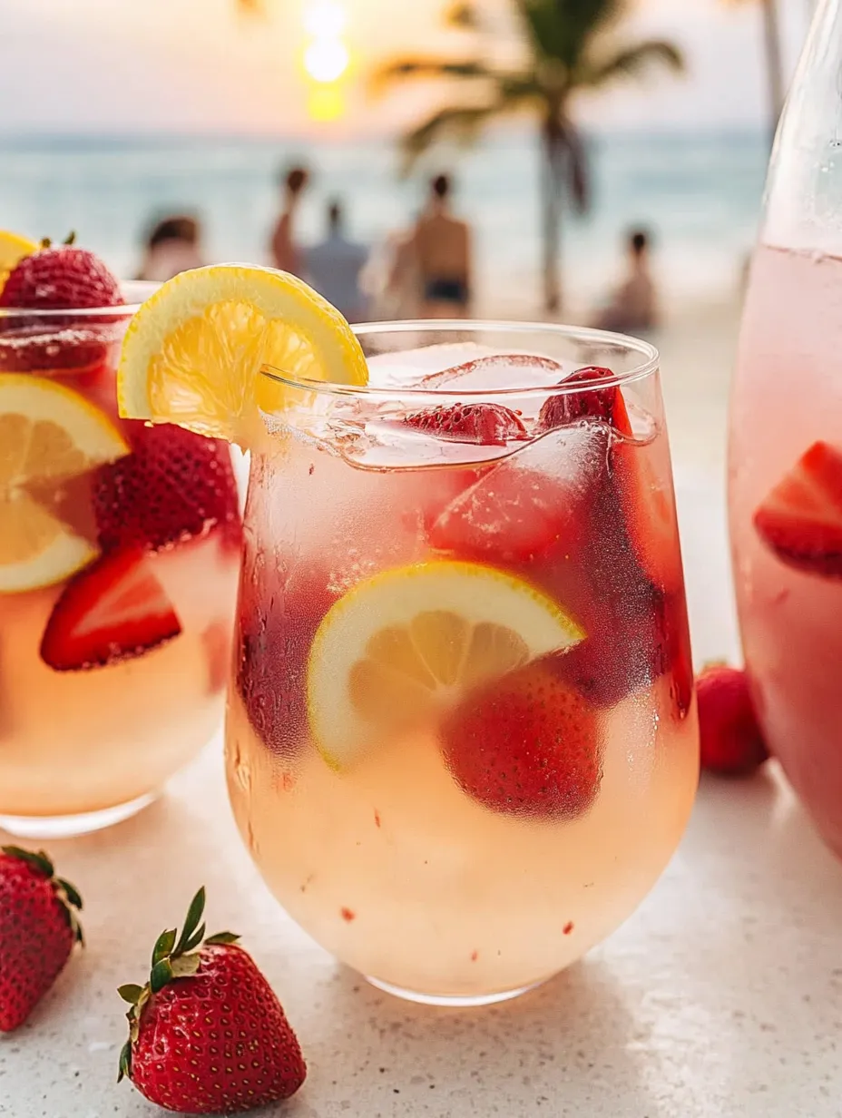 Drei Gläser rosa Drink mit Erdbeeren und Zitrone.