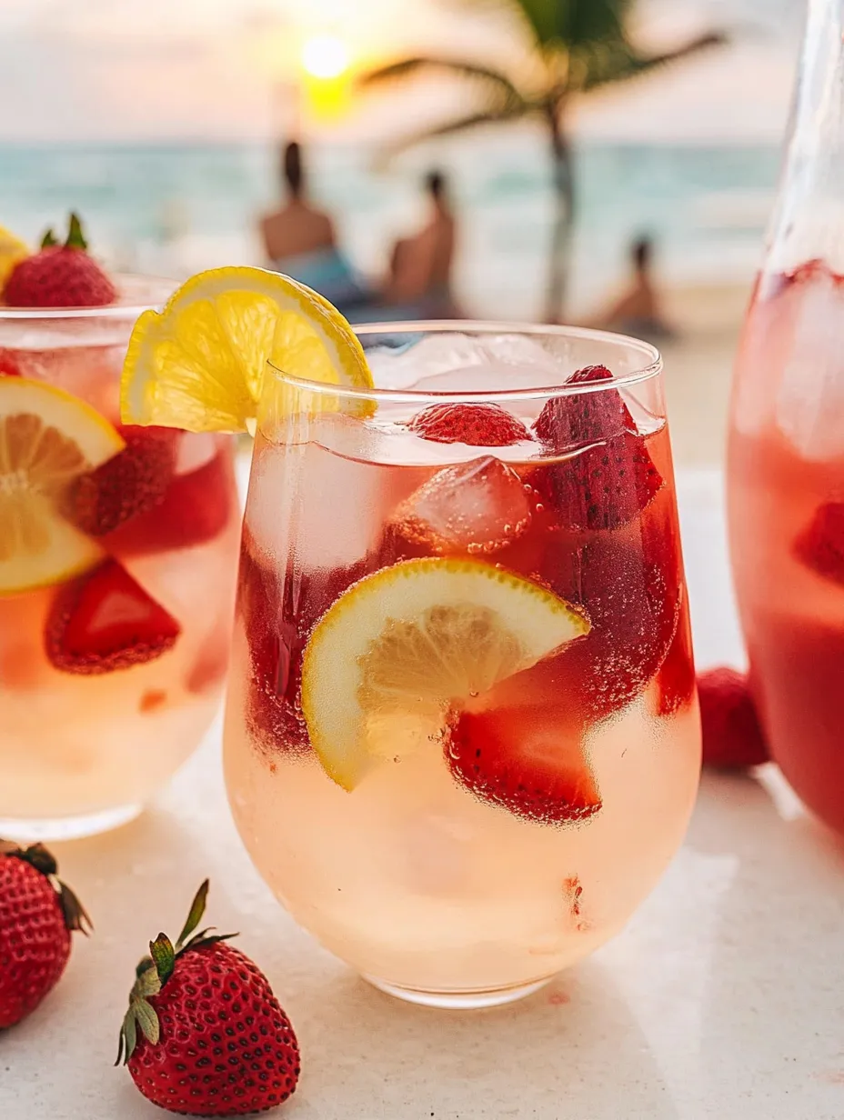 Zwei Gläser rosa Drink mit Erdbeeren und Zitronenscheiben.