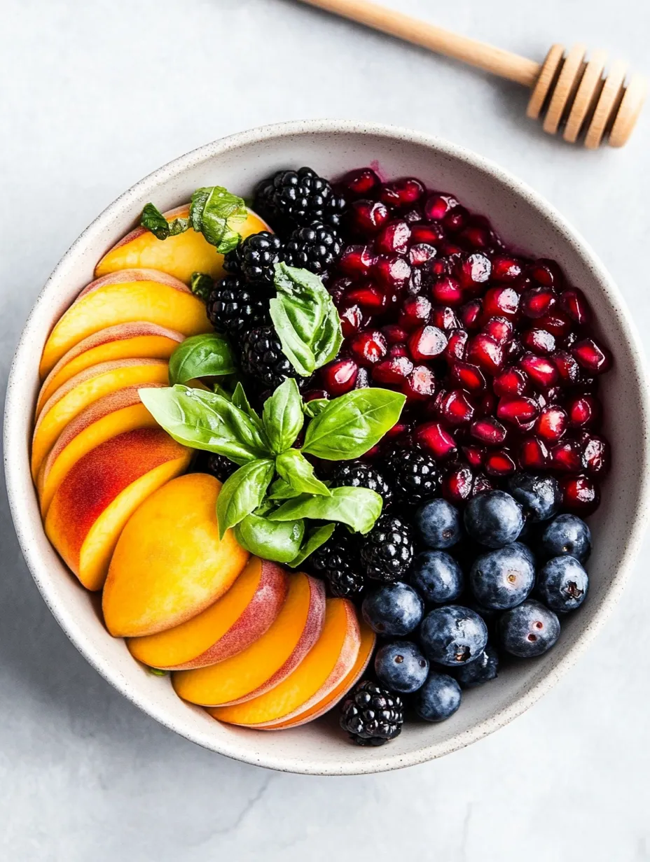 Eine Schüssel mit Obst – darin sind Blaubeeren, Pfirsiche und Brombeeren.