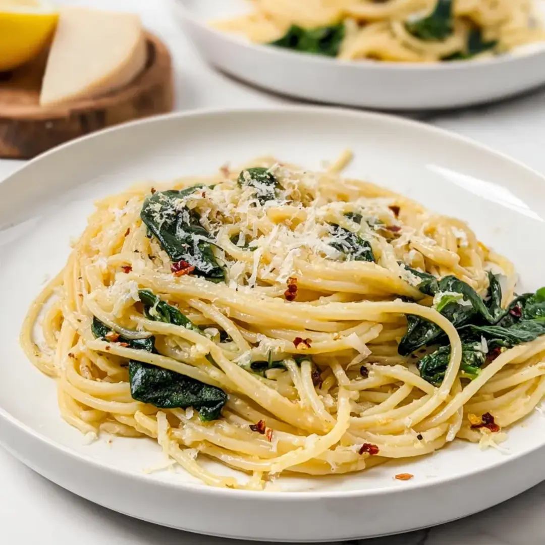 Ein Teller Spaghetti mit Spinat und Parmesan.