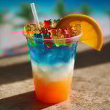 Orangenscheibe schwimmt in buntem Becher.