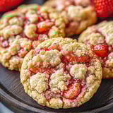 Ein dicker Cookie mit frischen Erdbeeren obendrauf.