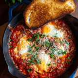 Eine Schüssel voller Essen, obendrauf ein Stück Brot.