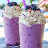 Zwei hohe Gläser mit Blaubeershake und pinken Strohhalmen dekoriert.