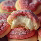 Nahaufnahme: Cookie mit Erdbeerstückchen und cremigen Frischkäse-Spuren sichtbar.