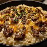 Eine Schüssel mit Fleisch und geschmolzenem Käse.