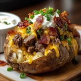 Knusprige Kartoffel mit Bacon und Käse aus der Nähe betrachtet.
