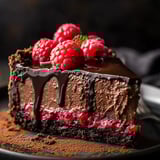 Ein Stück Schokoladenkuchen, verziert mit Himbeeren.