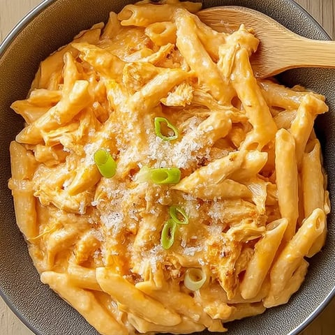Eine Schüssel Nudeln mit Hähnchen und Käse.
