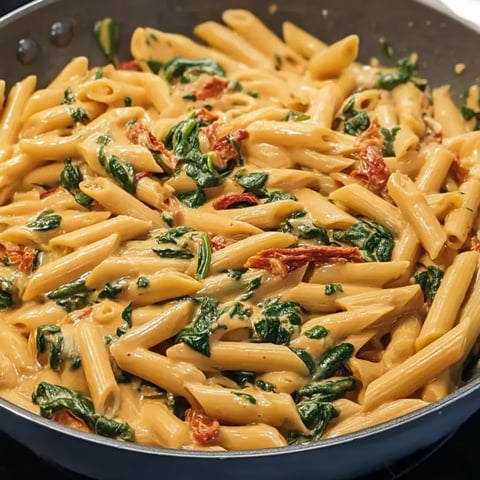 Ein Topf mit Nudeln, Spinat und Tomaten.