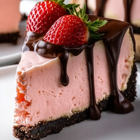 Ein Stück rosa Kuchen mit Schokolade darüber geträufelt.