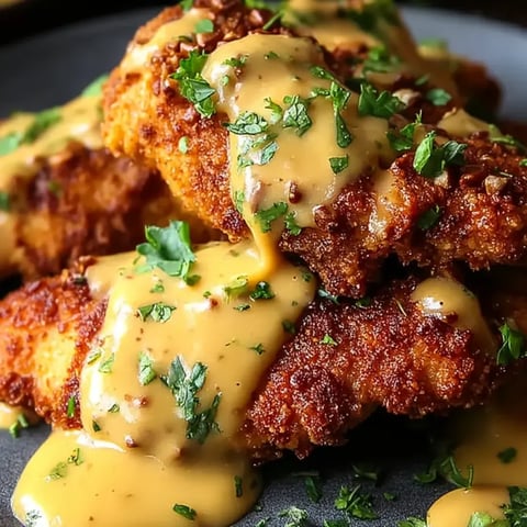 Ein Teller Hähnchen mit Soße darauf.