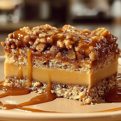 Ein Stück Karamellkuchen mit Nüssen.