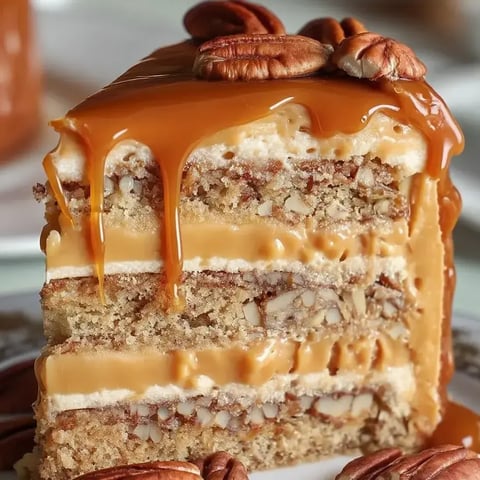 Ein Stück Kuchen mit Karamell obendrauf.