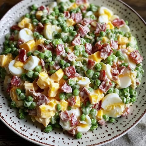 Ein Teller mit Essen, das Eier, Erbsen und Schinken enthält.