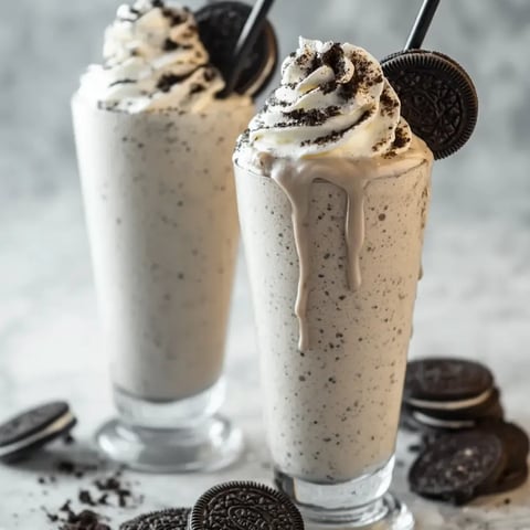 Zwei Gläser Milchshakes mit Oreo-Keksen daneben.