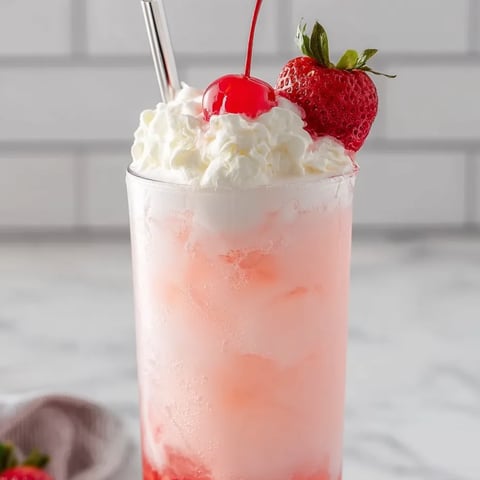 Ein Glas rosa Limo mit einer Kirsche oben drauf.