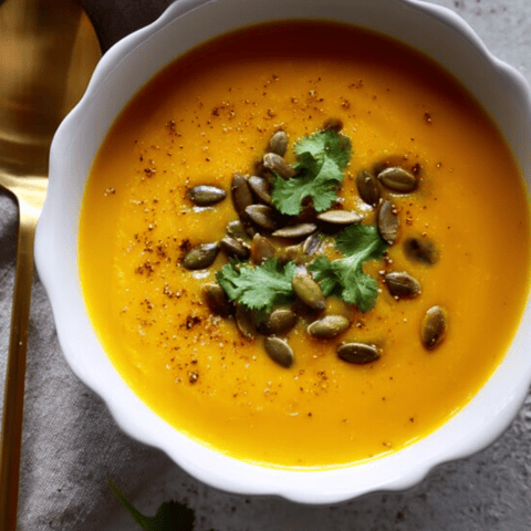 Eine Schale Suppe mit Löffel.