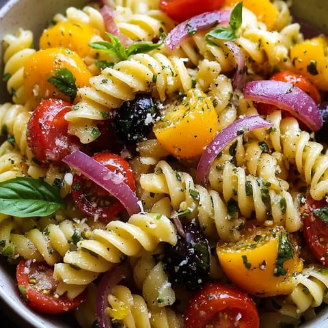 Schüssel voll Nudeln, frischen Tomaten und Basilikumblättern.