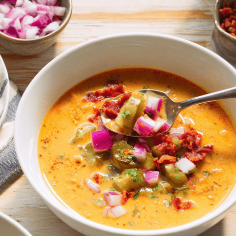 Eine Schale Suppe mit Löffel.
